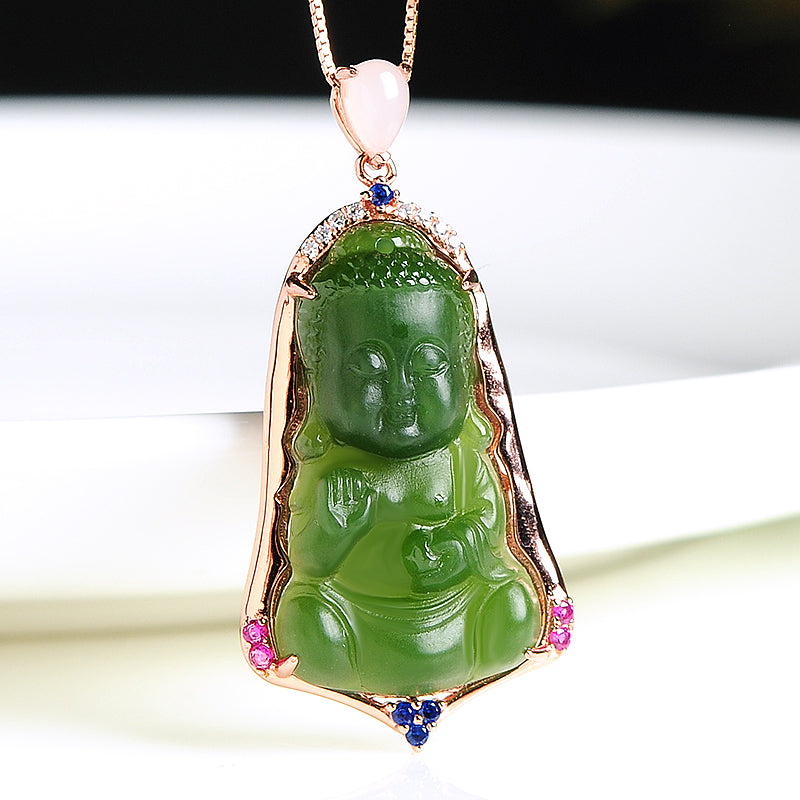 Natural Jade Pendant Nephrite Silver Buddha Baby Pendant