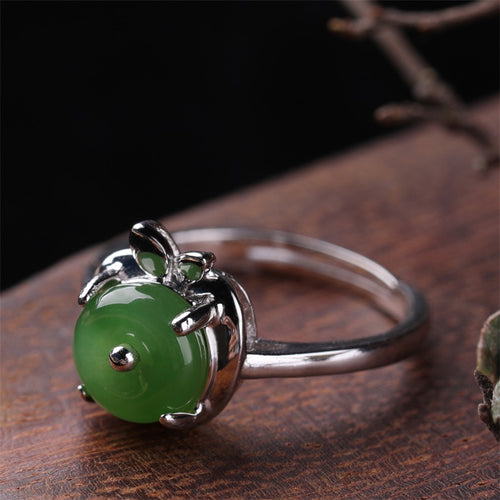 Natural Jade Ring Nephrite Silver Adjustable Ring