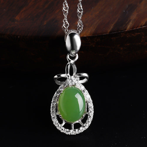 Natural Jade Pendant Nephrite Silver Zircon Pendant