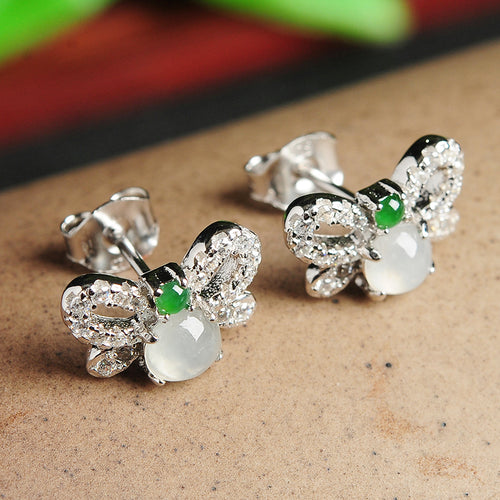 Natural jade jadeite silver butterfly earrings