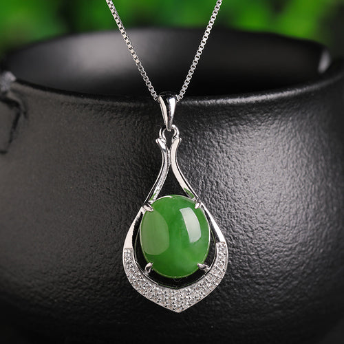 Natural Jade Pendant Nephrite Silver Zircon Pendant