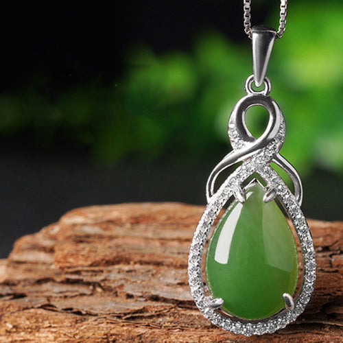 Natural Jade Pendant Nephrite Silver Zircon Pendant