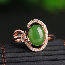 Natural Jade Ring Nephrite Silver Zircon Adjustable Ring