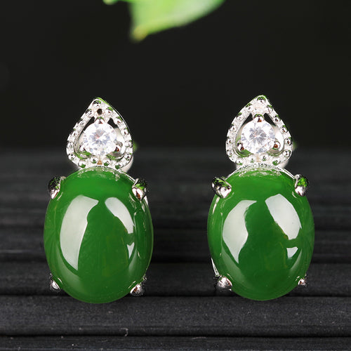 Natural Jade Earrings Nephrite Silver Zircon Earrings