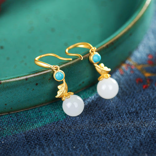 Natural Jade Earrings Nephrite Turquoise Silver Earrings