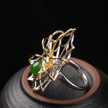Natural Jade Ring Nephrite Silver Spider Adjustable Ring