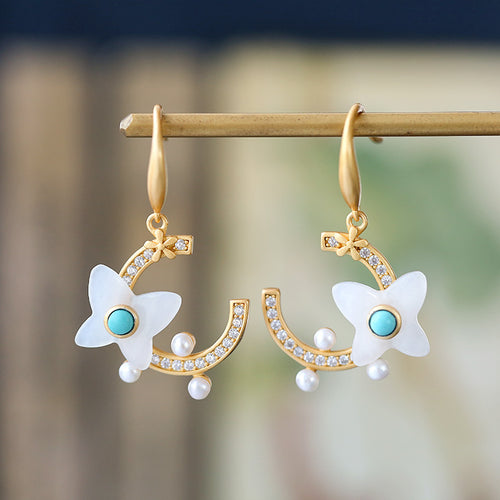 Natural Jade Earrings Nephrite Turquoise Pearl Silver Earrings