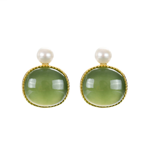 Natural Jade Earrings Nephrite Pearl Silver Earrings