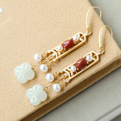 Natural Jade Earrings Nephrite Agate Pearl Silver Earrings