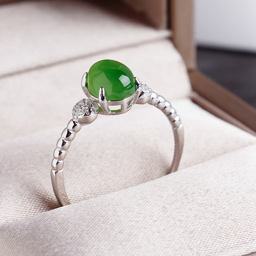 Natural Jade Ring Nephrite Silver Zircon Adjustable Ring