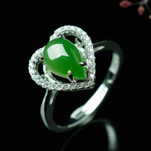 Natural Jade Ring Nephrite Silver Zircon Adjustable Ring
