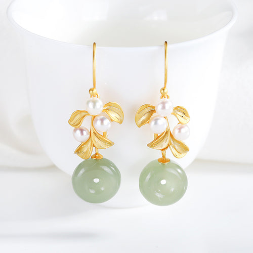 Natural Jade Earrings Nephrite Pearl Silver Earrings