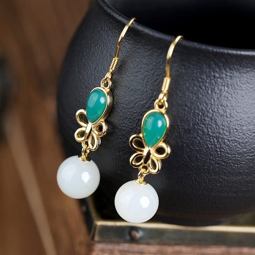 Natural Jade Earrings Nephrite Agate Silver Earrings
