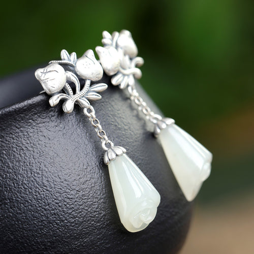 Natural Jade Earrings Nephrite Silver Earrings