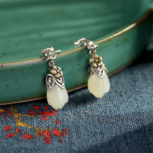 Natural Jade Earrings Nephrite Silver Earrings