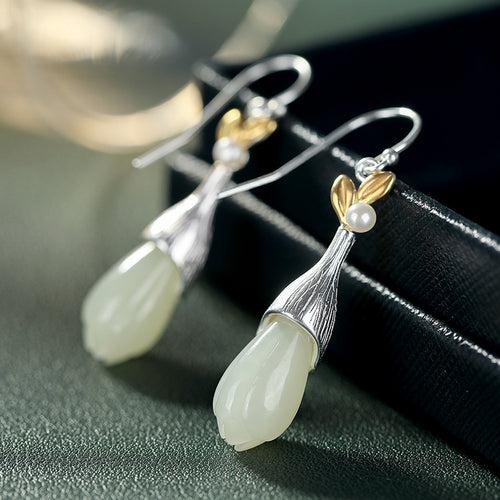 Natural Jade Earrings Nephrite Pearl Silver Earrings