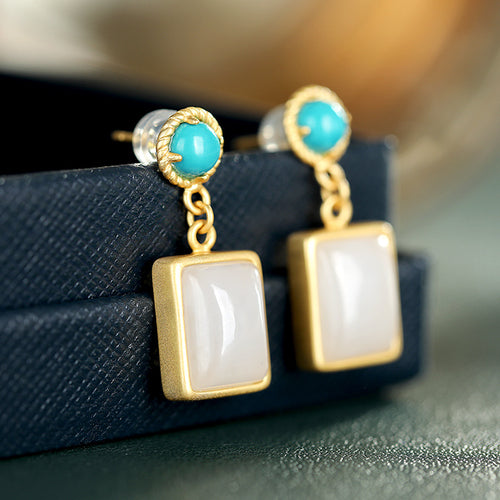 Natural Jade Earrings Nephrite Turquoise Silver Earrings
