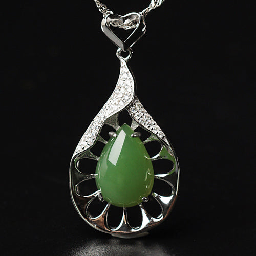 Natural Jade Pendant Nephrite Silver Zircon Pendant