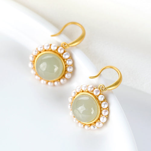 Natural Jade Earrings Nephrite Pearl Silver Earrings