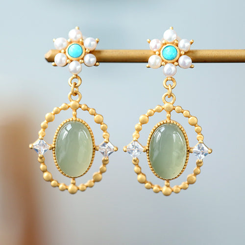 Natural Jade Earrings Nephrite Turquoise Pear Silver Earrings