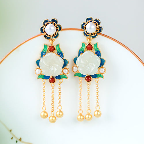 Natural Jade Earrings Nephrite Agate Pearl Silver Earrings