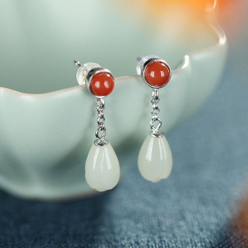Natural Jade Earrings Nephrite Agate Silver Earrings
