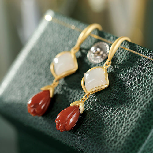 Natural Jade Earrings Nephrite Agate Silver Earrings