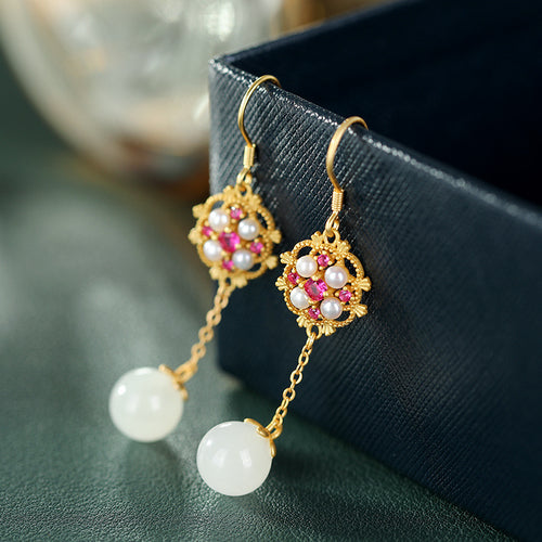 Natural Jade Earrings Nephrite Pearl Silver Earrings