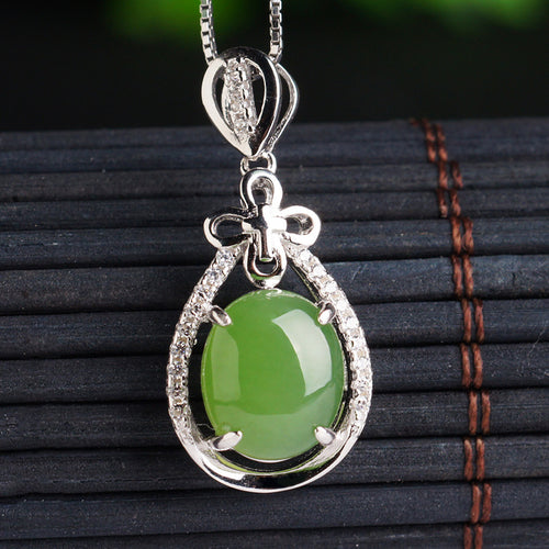 Natural Jade Pendant Nephrite Silver Zircon Pendant