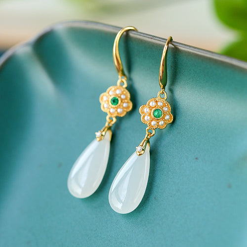 Natural Jade Earrings Nephrite Pearl Silver Earrings