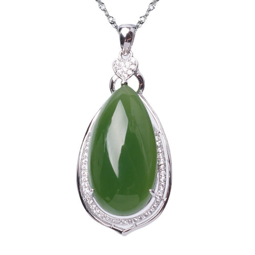 Natural Jade Pendant Nephrite Silver Zircon Pendant