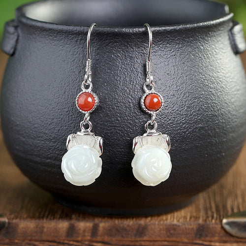 Natural Jade Earrings Nephrite Agate Silver Earrings