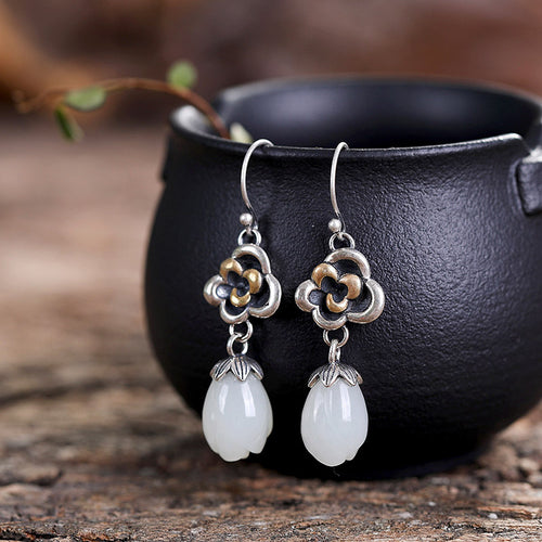 Natural Jade Earrings Nephrite Silver Earrings