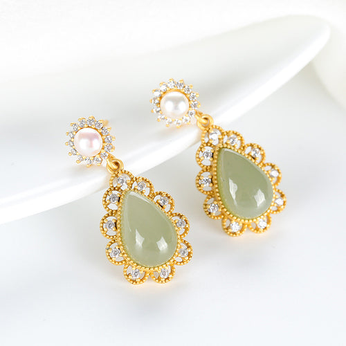 Natural Jade Earrings Nephrite Pearl Silver Earrings
