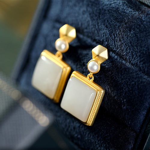Natural Jade Earrings Nephrite Pearl Silver Earrings