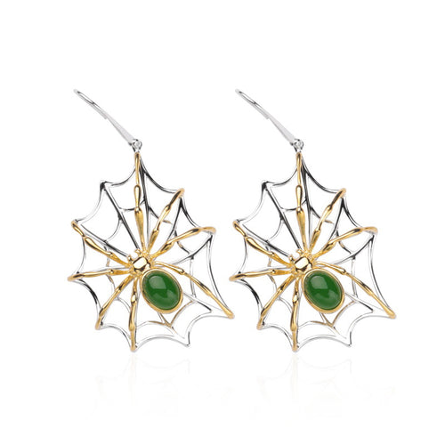 Natural Jade Earrings Nephrite Silver Spider Earrings