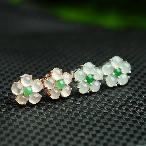 Natural jade earrings jadeite silver flower earrings