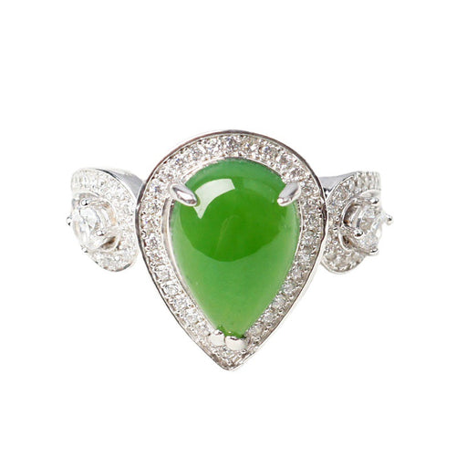 Natural Jade Ring Nephrite Silver Zircon Adjustable Ring