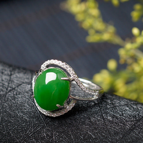 Natural Jade Ring Nephrite Silver Zircon Adjustable Ring